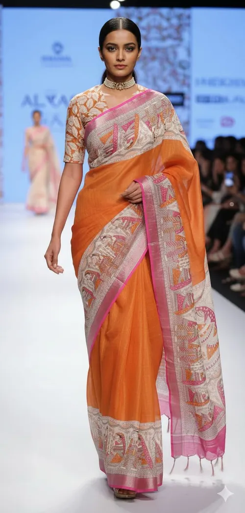 Soft Slub Cotton Madhubani Hand-Printed Saree with Striped Design & Jari Pallu